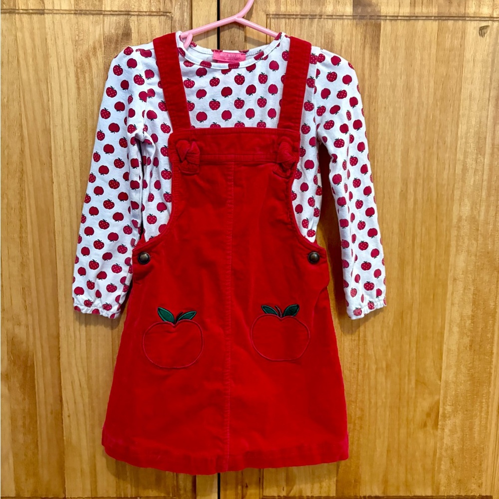 Isaac Mizrahi set Red Kids Overall Dress with Apple long sleeve shirt